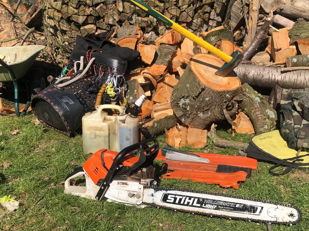 Matériel d’élagage : tronçonneuse STIHL et cordes de rétention